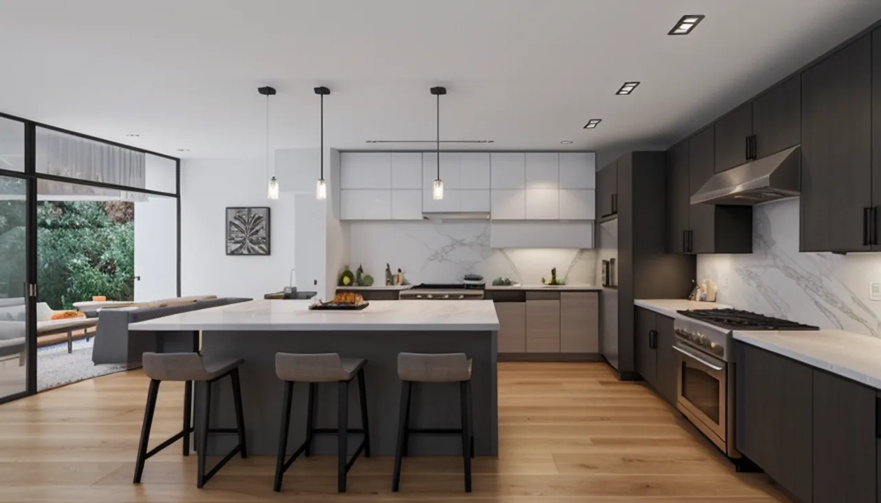 Rendimension concept render of a kitchen remodel in San Diego, CA, modern California style.