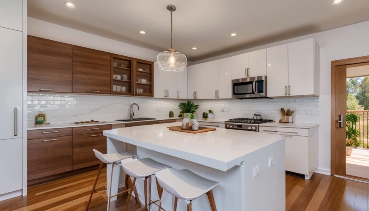 Rendimension concept render of a kitchen remodel in Saratoga, CA, modern California style.