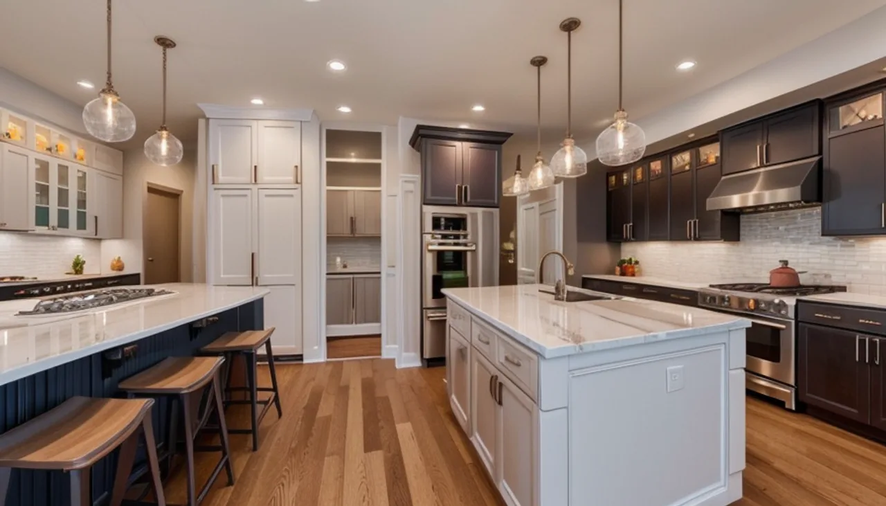 Rendimension concept render of a kitchen remodel in Tarrytown, TX, transitional Texas style.