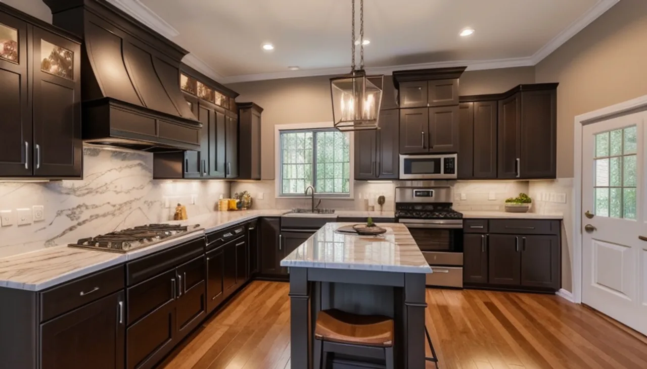 Rendimension concept render of a kitchen remodel in Weddington, NC, transitional craftsman style.