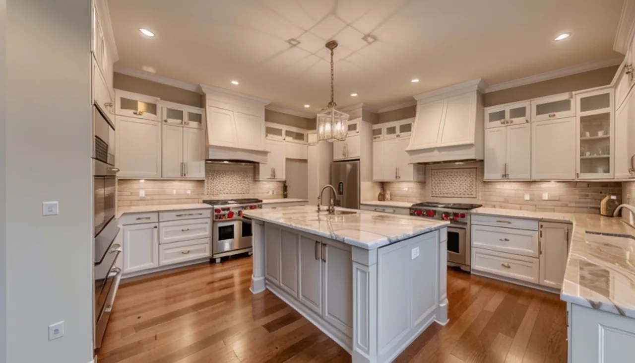 Rendimension concept render of a kitchen remodel in West Lake Hills, TX, transitional Texas style.