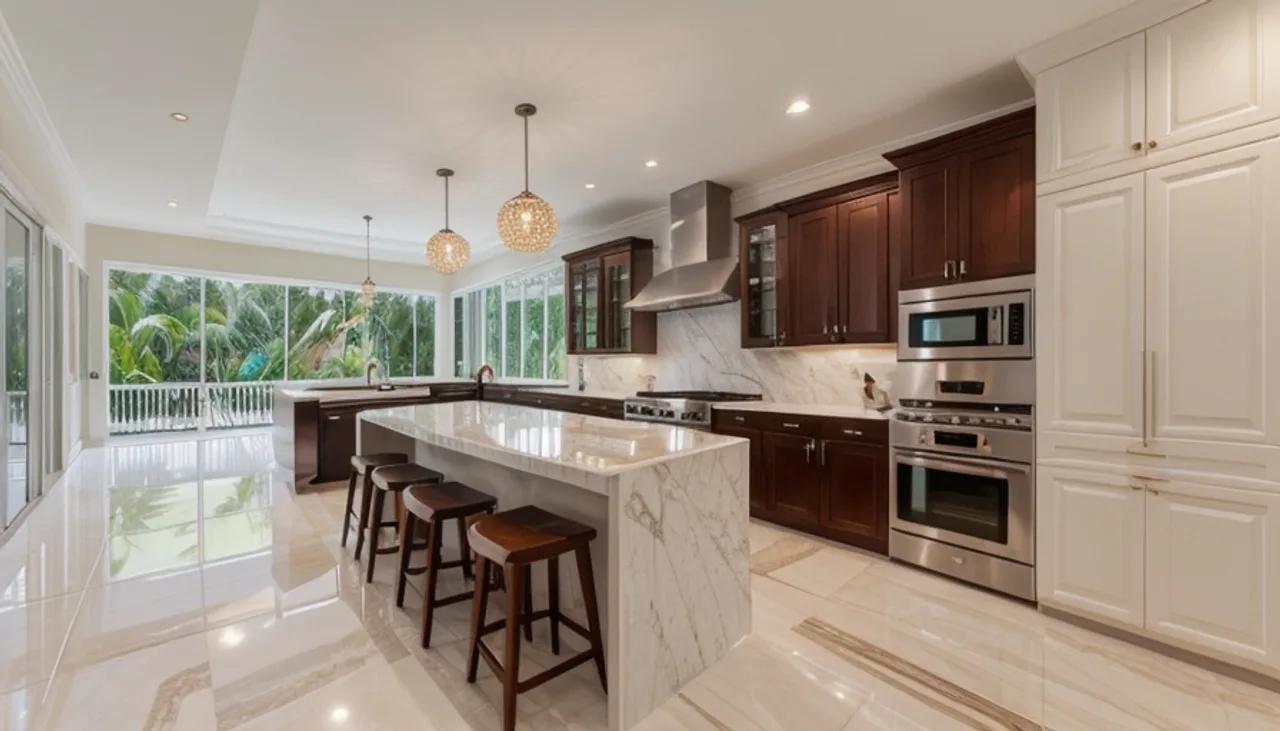 Rendimension concept render of a kitchen remodel in West Palm Beach, FL, coastal contemporary style.