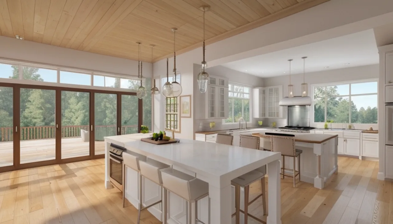 Rendimension concept render of a modern open-concept whole-home remodel in Alpharetta, GA, with a wood-plank ceiling, a large white island, wide-plank floors and a wall of windows to the deck.