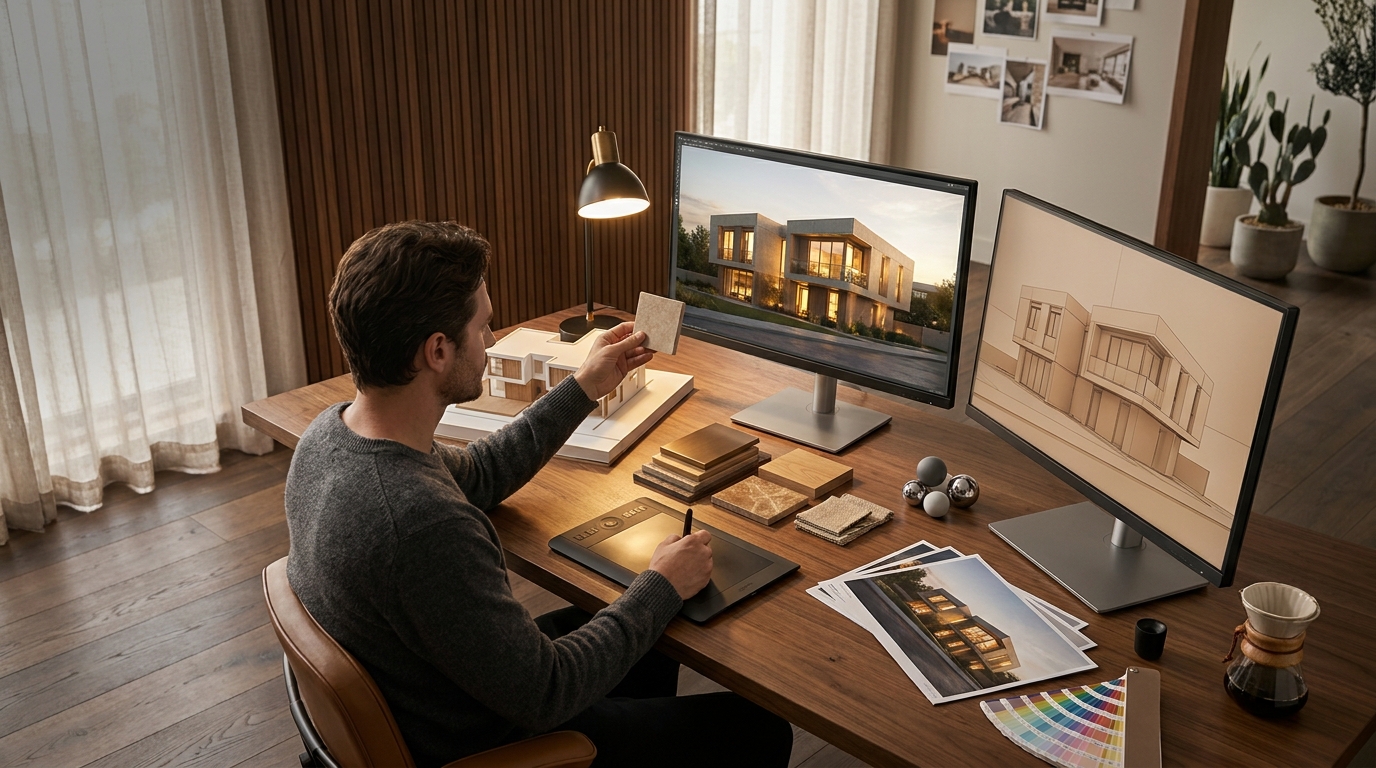 A refined visualization workstation illustrating the rendering pipeline, where a professional in a charcoal sweater lifts a stone material sample toward the light to compare it against an on-screen render. One monitor shows a luminous photorealistic rendering of a contemporary home in golden light; a second shows the same scene as a clean work-in-progress geometry view, communicating process and craft. The solid walnut desk holds a white architectural model, curated material samples, lighting-study reference spheres, printed render proofs, a color swatch fan, and a graphics tablet. A warm walnut slatted wall, oak flooring, and a brass task lamp create an intelligent, process-focused atmosphere illustrating rendering cost, process, software, and the craft behind a finished photorealistic image.