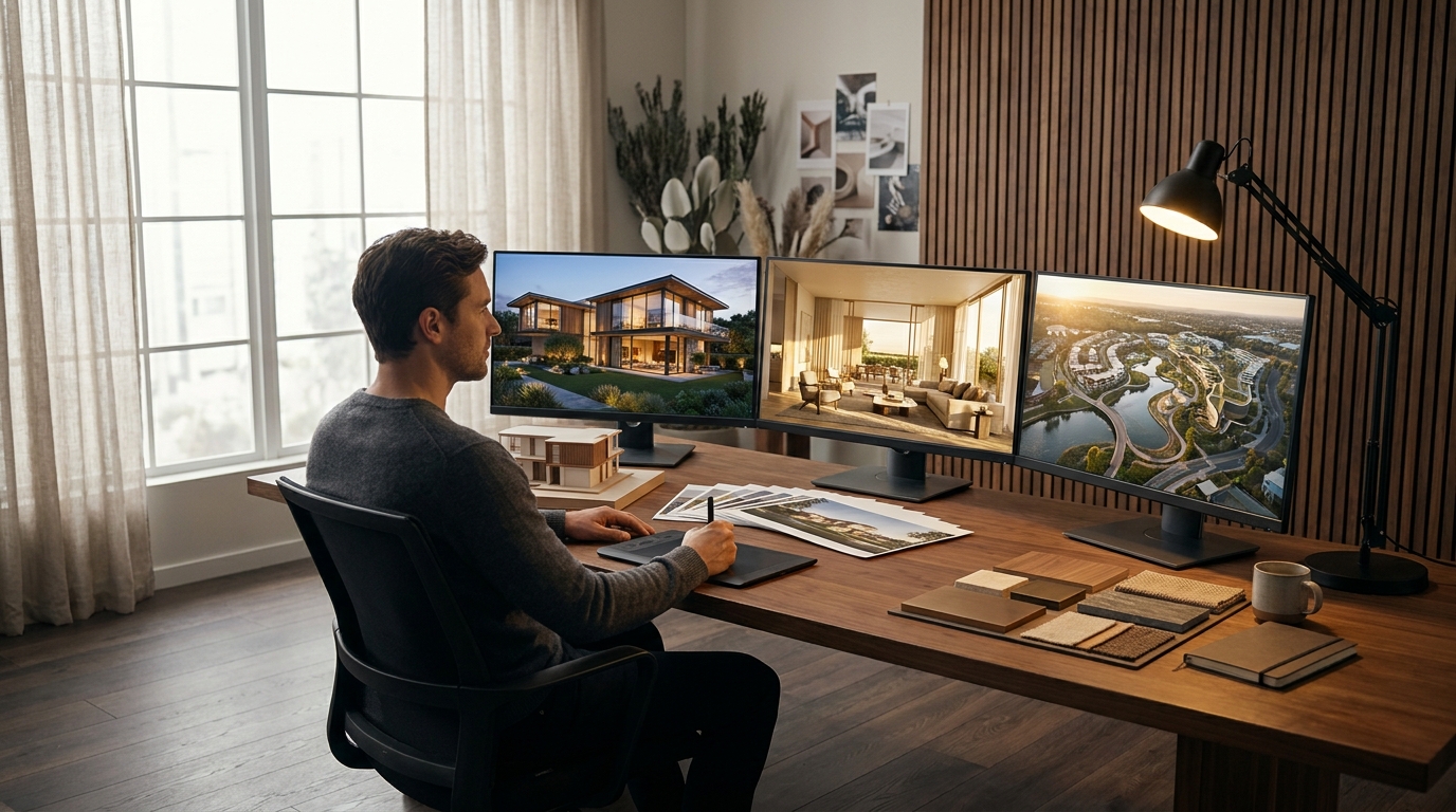 A premium 3D visualization studio workstation where a visualization artist in a charcoal sweater reviews several large monitors, each displaying a different type of photorealistic architectural output. One screen shows a luxury exterior dusk rendering of a glass-and-timber villa, another a sunlit interior living space, and a third an aerial masterplan view of a landscaped development at golden hour. A small white architectural massing model, printed render proofs, warm-toned material samples, and a graphics tablet rest on the solid walnut desk. A warm walnut slatted wall and soft daylight through linen-draped windows convey a refined, human, professional environment showcasing the full breadth of comprehensive 3D rendering services across exterior, interior, and aerial visualization.