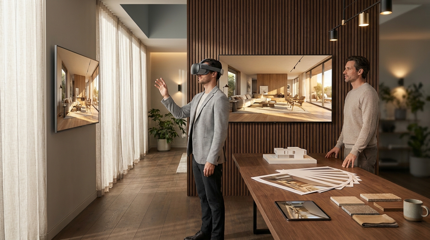 A sophisticated professional review studio where a developer in a tailored grey blazer wears a sleek modern VR headset and gestures gently while exploring an immersive walkthrough of a high-end property. Beside him, an architect stands at a large wall display mirroring the walkthrough: a luminous first-person interior view gliding through a luxurious contemporary living space with warm timber, glass, and designer furniture. A walnut review table holds a white architectural model, printed render proofs, a tablet, material samples, and a ceramic mug. A warm walnut slatted wall, oak flooring, and soft daylight create a calm, business-grade atmosphere illustrating 3D walkthroughs, VR walkthroughs, and interactive tours, never gaming or sci-fi.