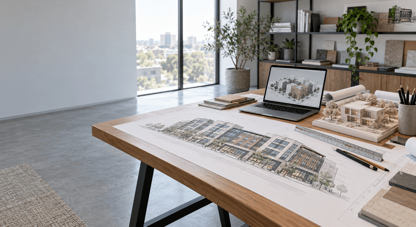 Architectural design studio desk with a commercial mixed use building elevation on paper, a laptop showing a 3D massing model and a small residential study model