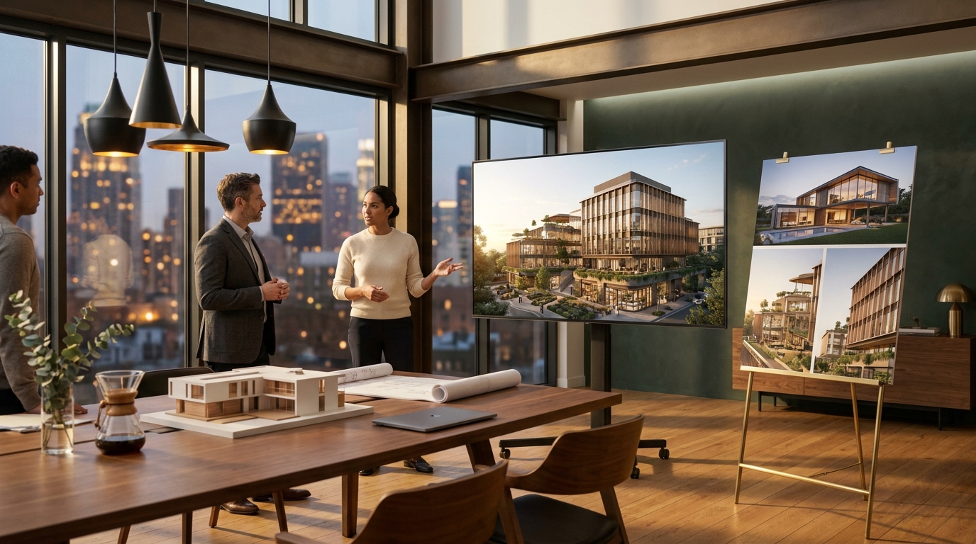 A contemporary architecture firm presentation room at dusk, where two professionals and a developer client review photorealistic architectural renderings displayed on a large screen and printed presentation boards. The visuals depict a luxury residence and a refined mixed-use commercial concept with warm timber cladding, glass, and golden-hour lighting. A precise white scale model of a building rests on a solid walnut conference table beside rolled drawings and a pour-over coffee set. Floor-to-ceiling glass reveals a softly blurred city skyline with warm window lights. Brushed brass, warm oak flooring, and a deep forest-green accent wall create a premium, trustworthy atmosphere for high-end architectural rendering services.