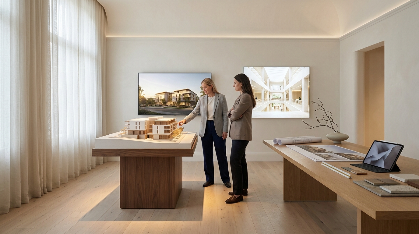 A serene, light-filled pre-construction design review studio where two design professionals evaluate an unbuilt building. A beautifully crafted white-and-timber architectural scale model stands on a walnut plinth, lit by a focused spotlight that reveals delicate fins and cantilevers. Behind it, large displays present photorealistic renderings of the same design in golden-hour exterior light and a luminous interior atrium. One professional points at a model detail while the other listens, providing clear human scale. Warm white limewash walls, pale oak flooring, sheer ivory linen, and a tray of warm material samples create a calm, gallery-like atmosphere illustrating architectural visualization as a discipline for evaluating buildings before they exist.