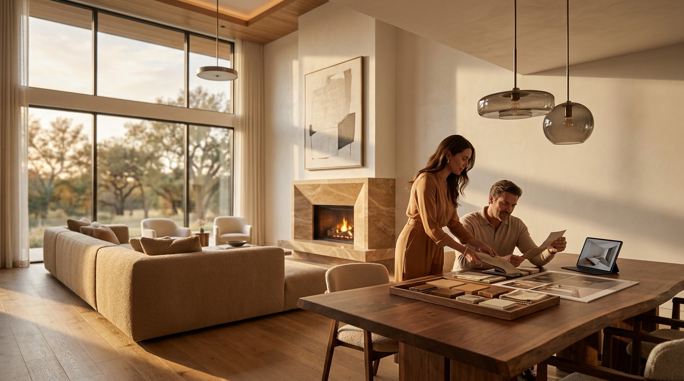 The open living and dining area of a luxury custom home at golden hour, where an interior designer and a seated client review curated material and finish samples at a live-edge walnut dining table. The designer holds a sample up to the warm light while a printed interior render board and a tablet rest nearby. The room features a deep bouclé sofa, leather-and-walnut lounge chairs, a honed caramel-marble fireplace, smoked-glass pendant lighting, and a tall window wall framing softly blurred trees. Warm oak flooring, soft limewash walls, and layered linen drapery create a richly inviting residential atmosphere illustrating interior rendering and luxury residential visualization, the warmth and materiality of a home before it is built.