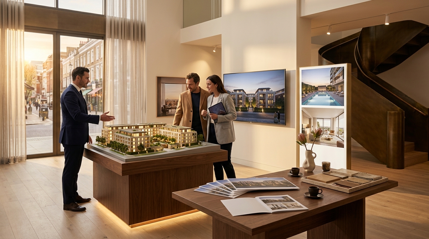 An upscale developer sales gallery at golden hour where a sales director in a navy suit presents an illuminated scale model of a luxury residential development to two prospective investors. The model shows a cluster of modern low-rise buildings with landscaped courtyards, a pool, and tree-lined pathways, its tiny windows glowing warmly. Behind it, a display and lightbox panel present photorealistic renderings of the finished development including a dusk exterior and a resort-style amenity deck. A walnut presentation table holds glossy render boards, luxe material samples, fresh flowers, and espresso cups. A sculptural bronze staircase and warm oak flooring convey aspiration and high-value real estate rendering for developer marketing.