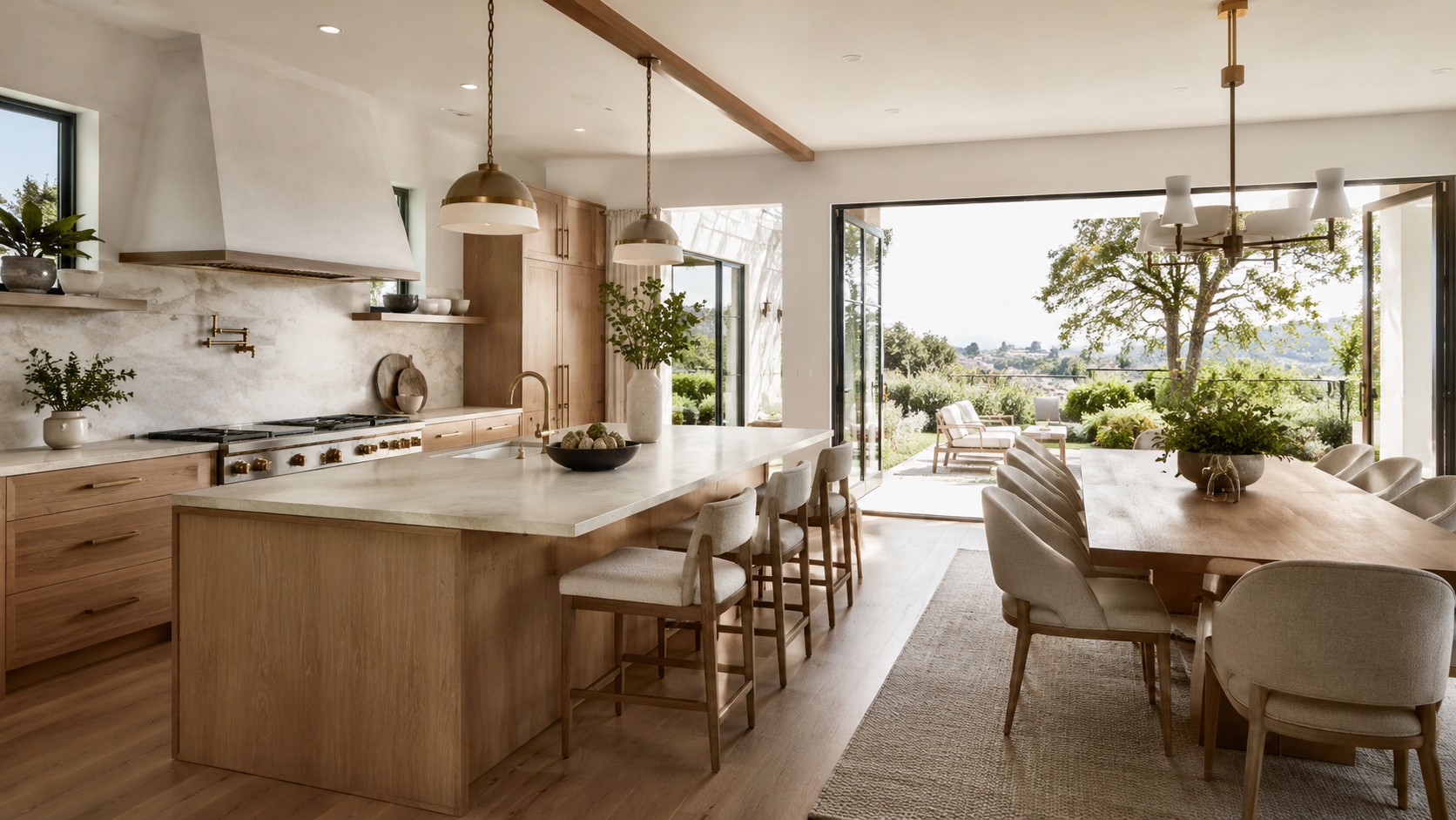 California kitchen and dining interior rendering by Rendimension
