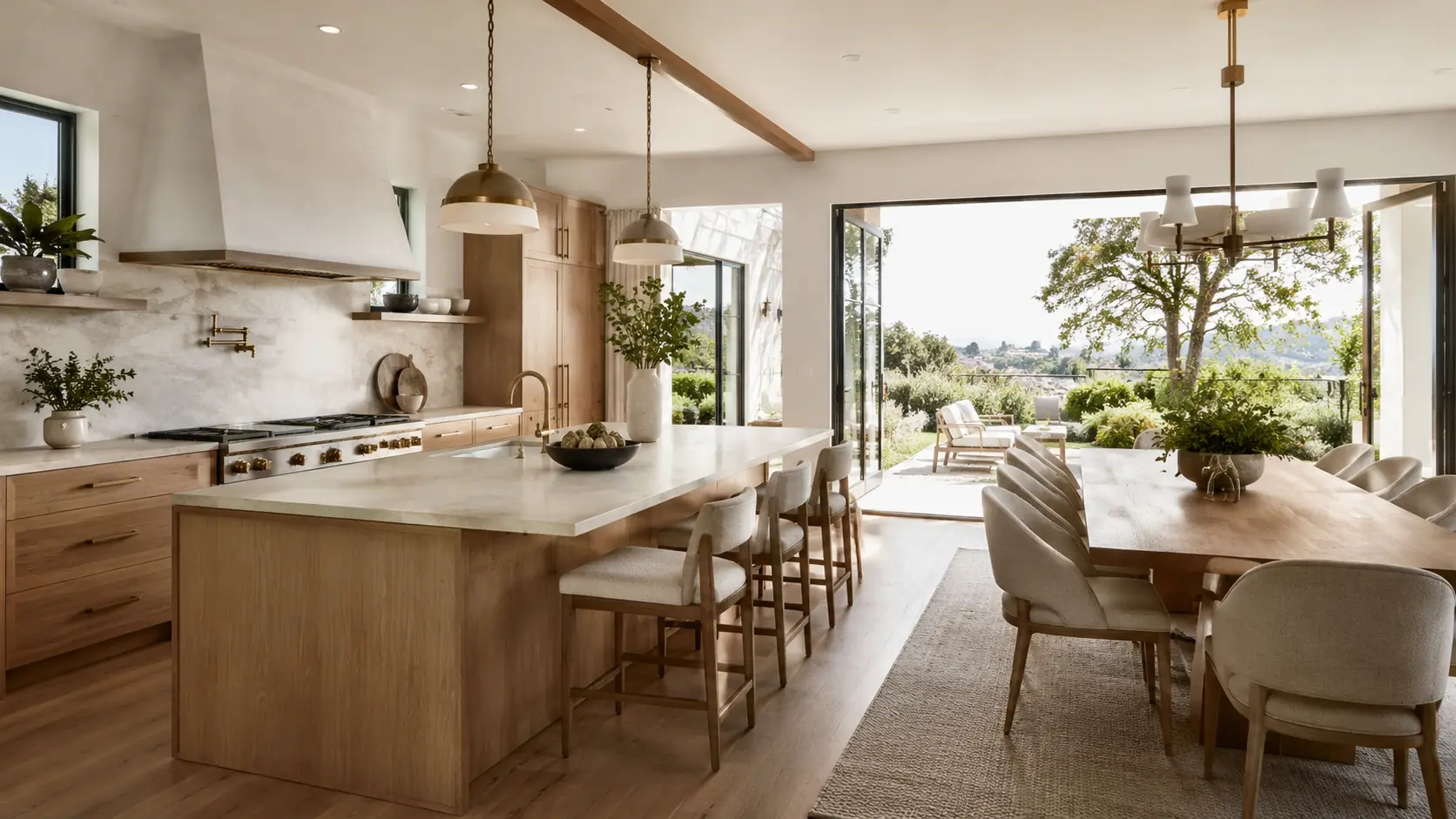 California kitchen and dining interior rendering by Rendimension