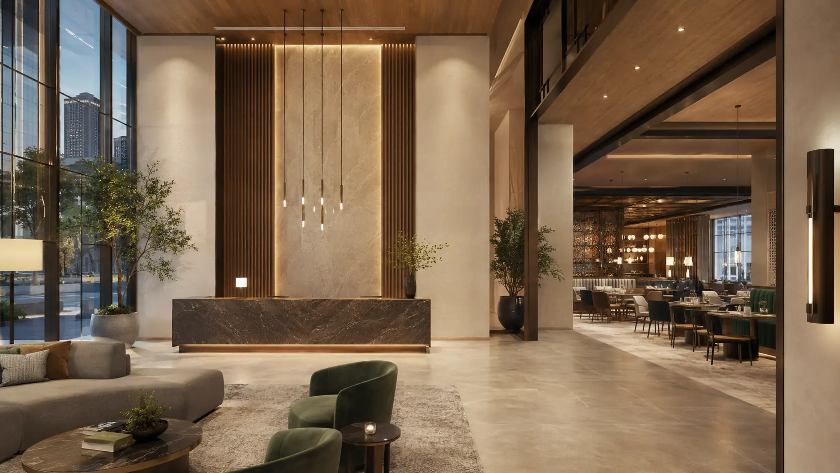Hotel lobby and restaurant rendering by Rendimension
