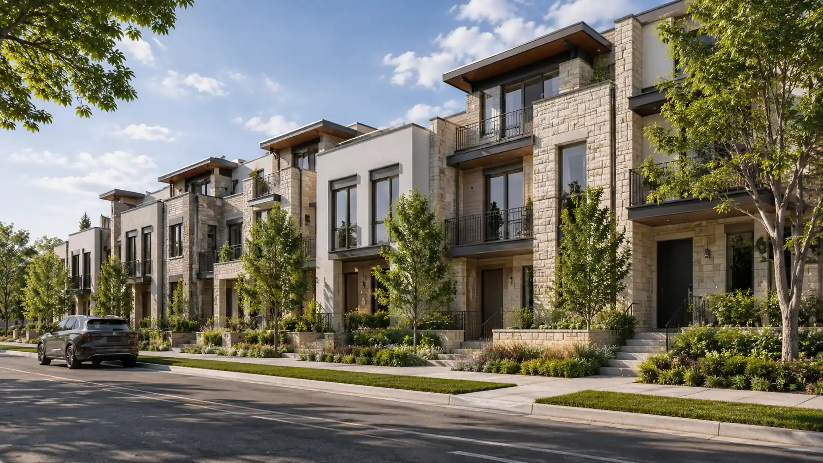 Contemporary townhome development rendering by Rendimension