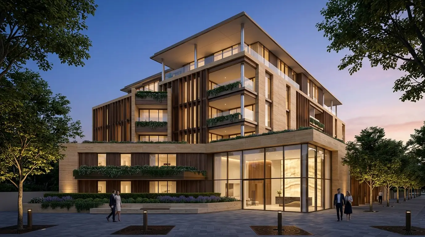 Luxury architectural rendering at dusk along a landscaped boulevard with illuminated facades and street-level retail, representing the establishing shots Rendimension produces in architectural animation for real estate.