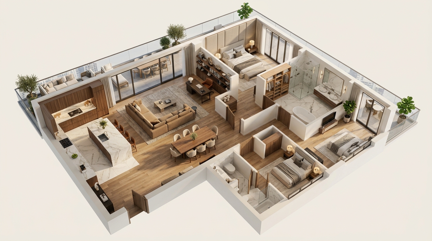 3D floor plan isometric rendering of a luxury penthouse showing furnished layout, spatial configuration, and finish quality, by Rendimension.