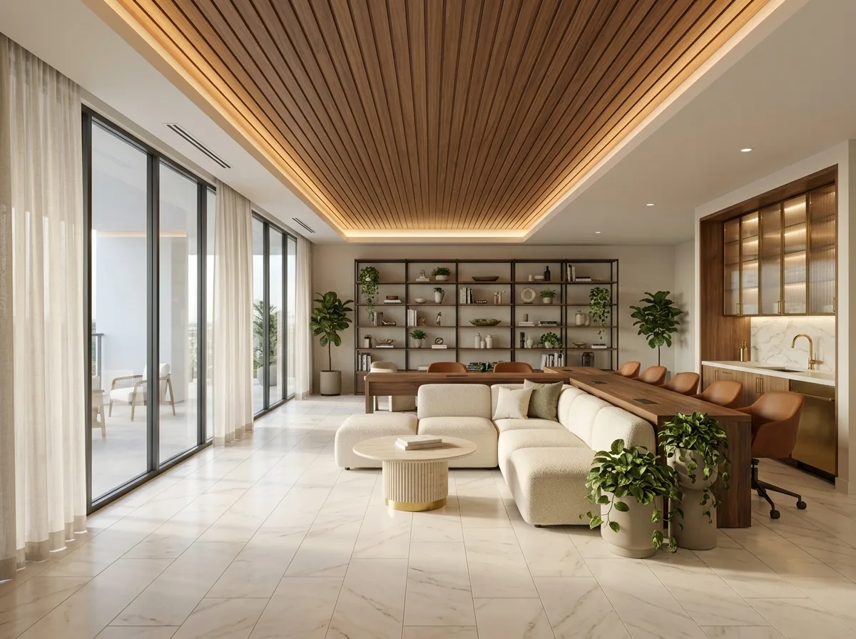 Photorealistic interior visualization of a luxury residential amenity lounge with walnut paneling, marble surfaces and warm layered lighting, representing the environments Rendimension animates into cinematic 3D walkthroughs.