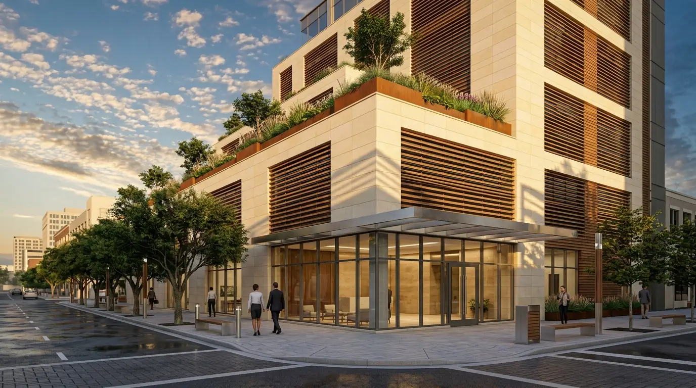 Premium mixed-use commercial architectural rendering at golden hour with retail frontage, landscaped plaza and warm facade lighting, representing Rendimension architectural visualization for developers and brands.
