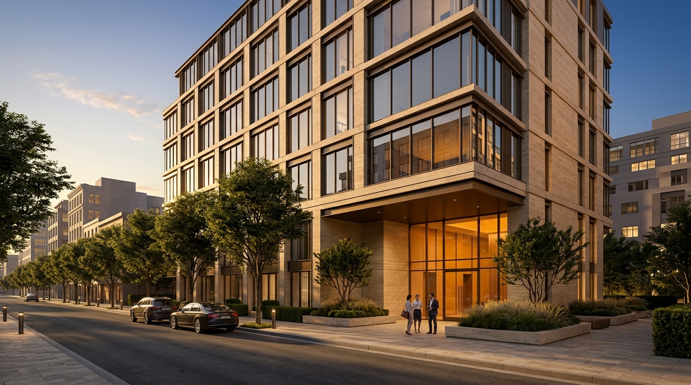 Photorealistic exterior architectural rendering of a premium mixed-use building at golden hour, by Rendimension exterior rendering services