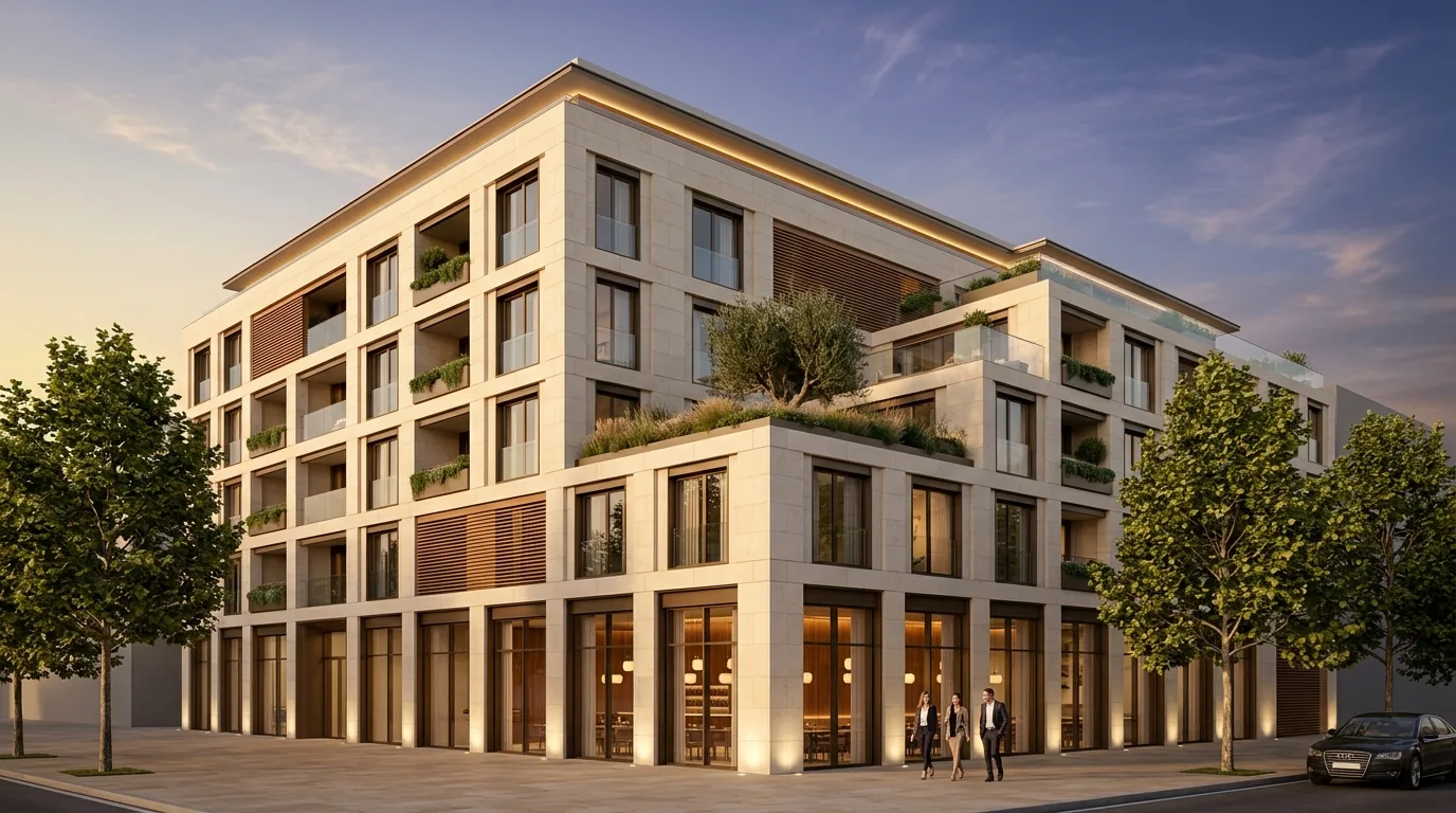 Photorealistic new construction rendering of a new mixed-use residential development at golden hour, created before construction by Rendimension new construction rendering services