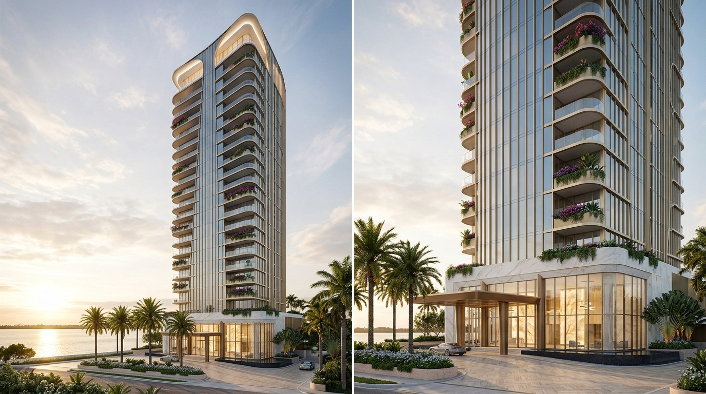 Photorealistic 3D architectural rendering of a luxury waterfront tower at golden hour, demonstrating investment-grade pre-construction visualization quality by Rendimension.