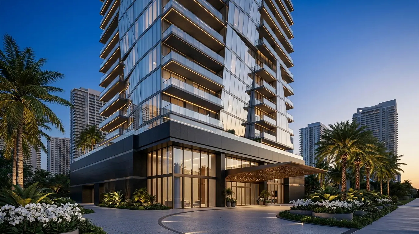 Photorealistic architectural rendering of a luxury high-rise tower in Miami Brickell at dusk with sculptural glass curtain wall facade, cantilevered balconies, dark granite podium, perforated bronze porte-cochere canopy, and tropical landscaping with palm trees and white orchids, demonstrating Rendimension pre-construction visualization quality for luxury residential developments.