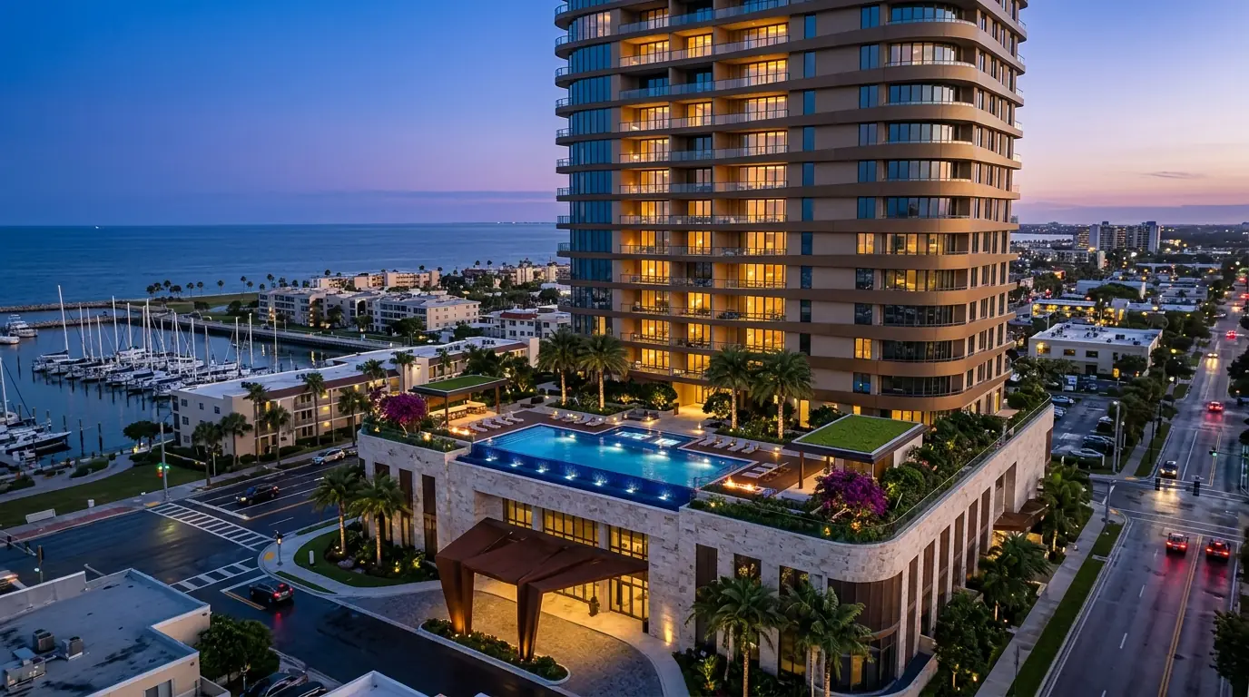 Photorealistic aerial twilight rendering of a luxury residential tower with warm interior lighting, balcony details, and urban site context, demonstrating Rendimension residential visualization quality for multifamily developers and architects.