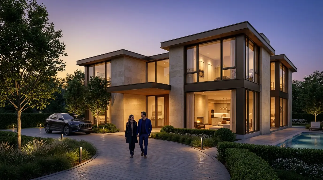 Photorealistic residential architectural rendering of a luxury home at twilight with warm interior glow, by Rendimension residential rendering services