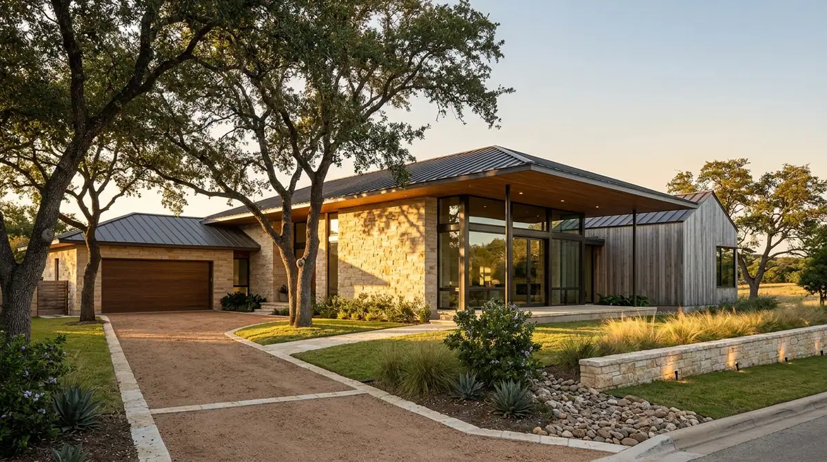 Photorealistic architectural rendering of a luxury single-family residence in San Antonio's Alamo Heights neighborhood, featuring stacked natural limestone walls, vertical teak wood cladding, and expansive low-iron glass openings with a standing-seam metal roof. Late afternoon side-lighting illuminates the Hill Country modern design surrounded by native Texas landscaping including mature live oaks, mountain laurel, and muhly grass.