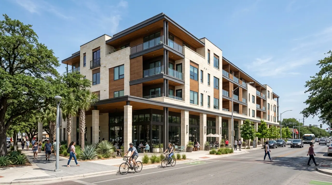Photorealistic architectural rendering of a contemporary mixed-use commercial development in San Antonio, Texas, featuring a cream limestone ashlar facade with ipe wood rain screen panels and a ground-floor retail colonnade with teak wood soffit. The visualization captures morning sunlight across Hill Country modern architecture with heritage live oak trees, native Texas landscaping, and a clear blue sky. This 3D architectural visualization demonstrates professional rendering services for San Antonio commercial real estate developers.