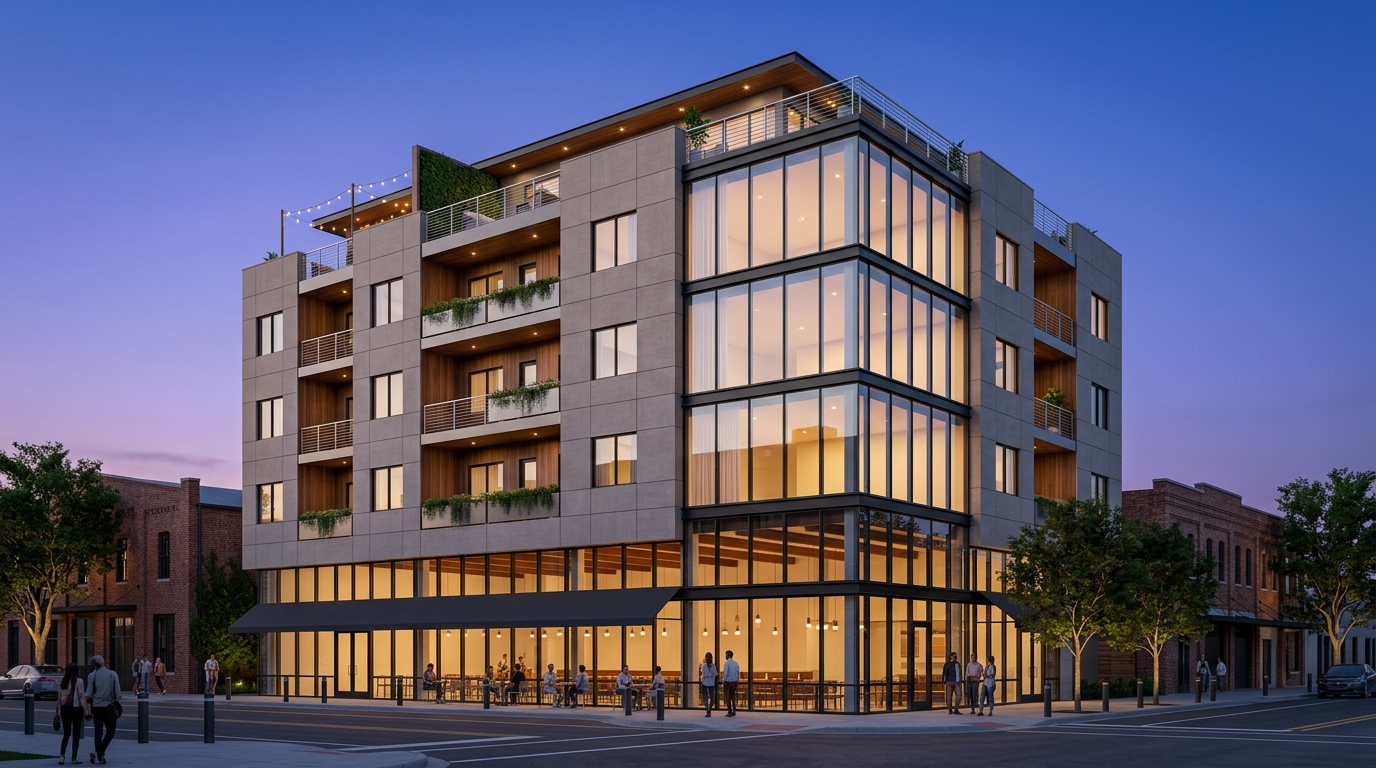 Photorealistic architectural visualization of a five-story mixed-use urban infill development in San Antonio at twilight, featuring large-format porcelain panel facade with walnut wood loggia accents, brushed stainless steel balcony railings, and a double-height glazed ground floor with warm interior lighting. The slightly elevated perspective captures both street frontages with heritage trees and adaptive reuse context.