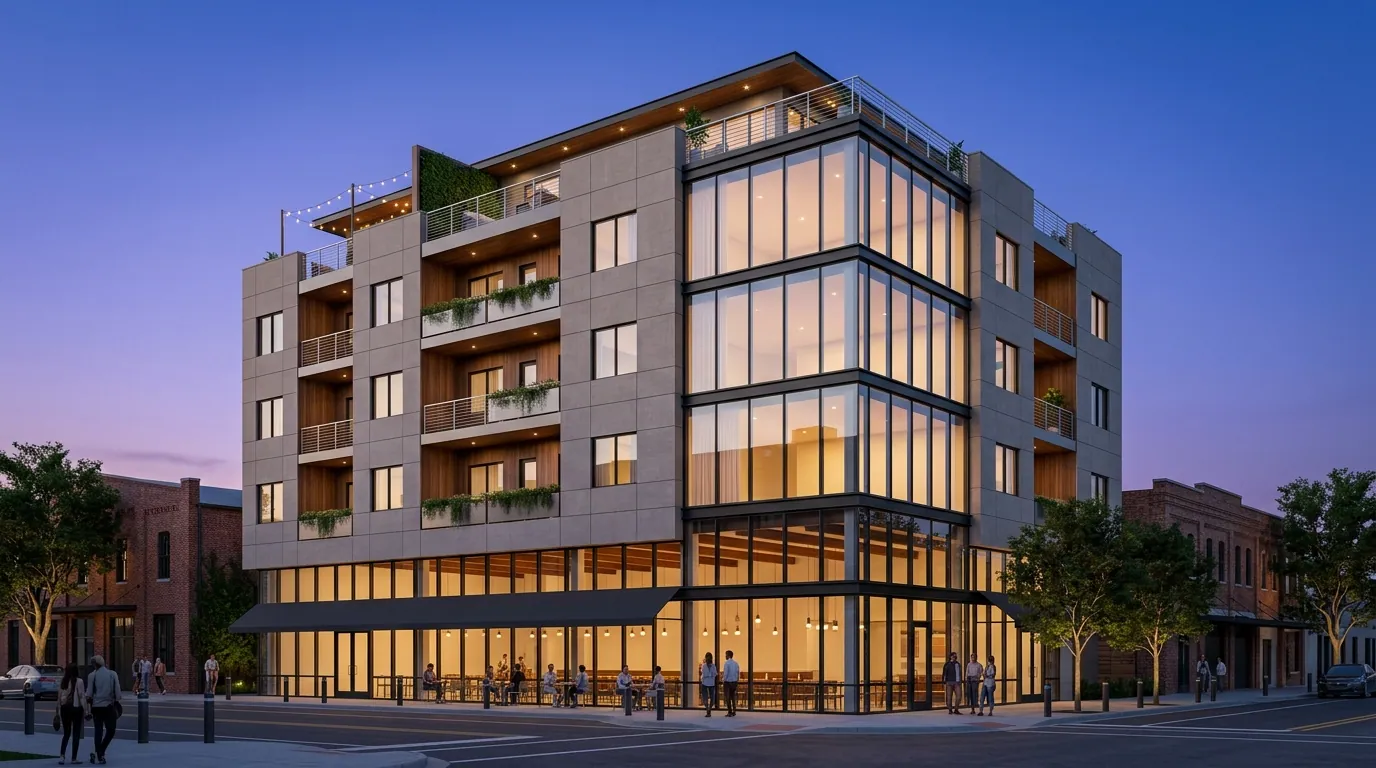 Photorealistic architectural visualization of a five-story mixed-use urban infill development in San Antonio at twilight, featuring large-format porcelain panel facade with walnut wood loggia accents, brushed stainless steel balcony railings, and a double-height glazed ground floor with warm interior lighting. The slightly elevated perspective captures both street frontages with heritage trees and adaptive reuse context.