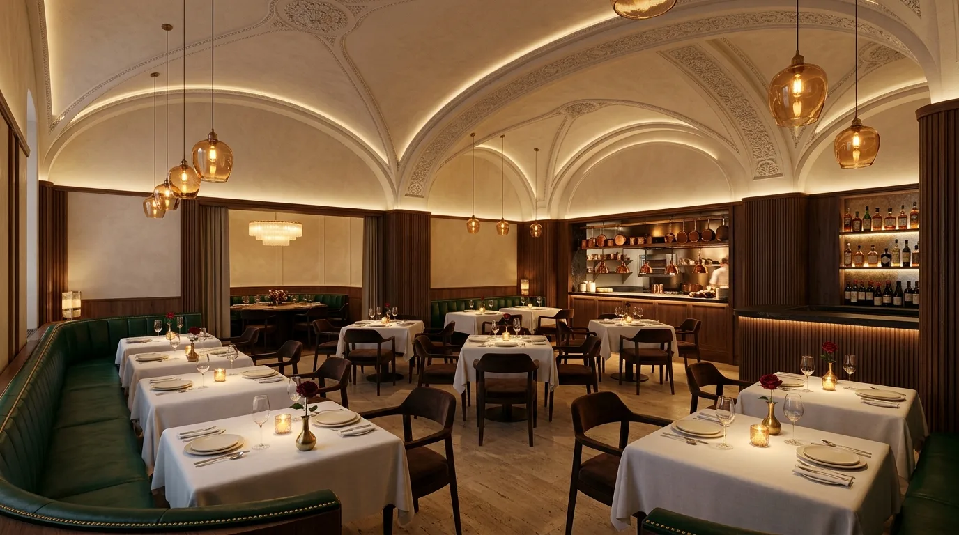 Photorealistic interior visualization of a luxury restaurant space with layered lighting, custom millwork and designer furnishings, demonstrating Rendimension interior architectural visualization quality.
