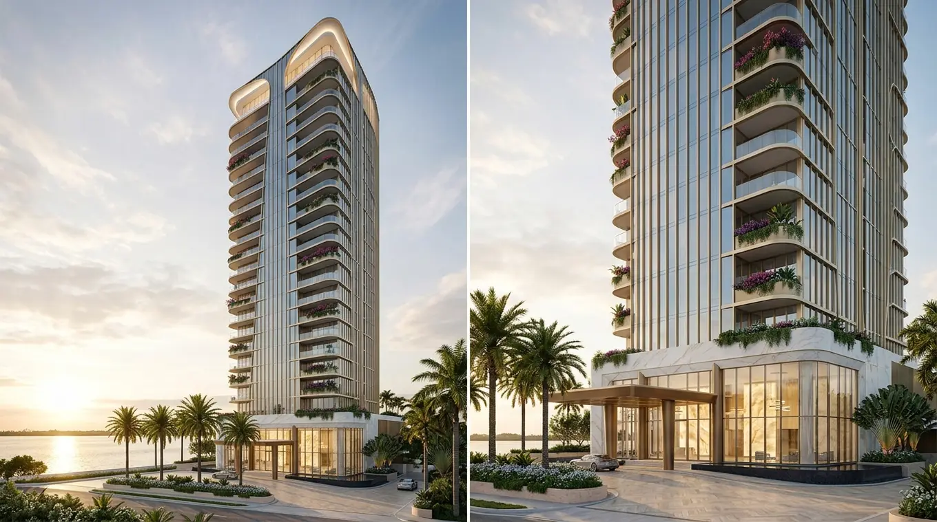 Photorealistic waterfront luxury tower rendering at golden hour, representing an aerial establishing frame from a Rendimension architectural animation.