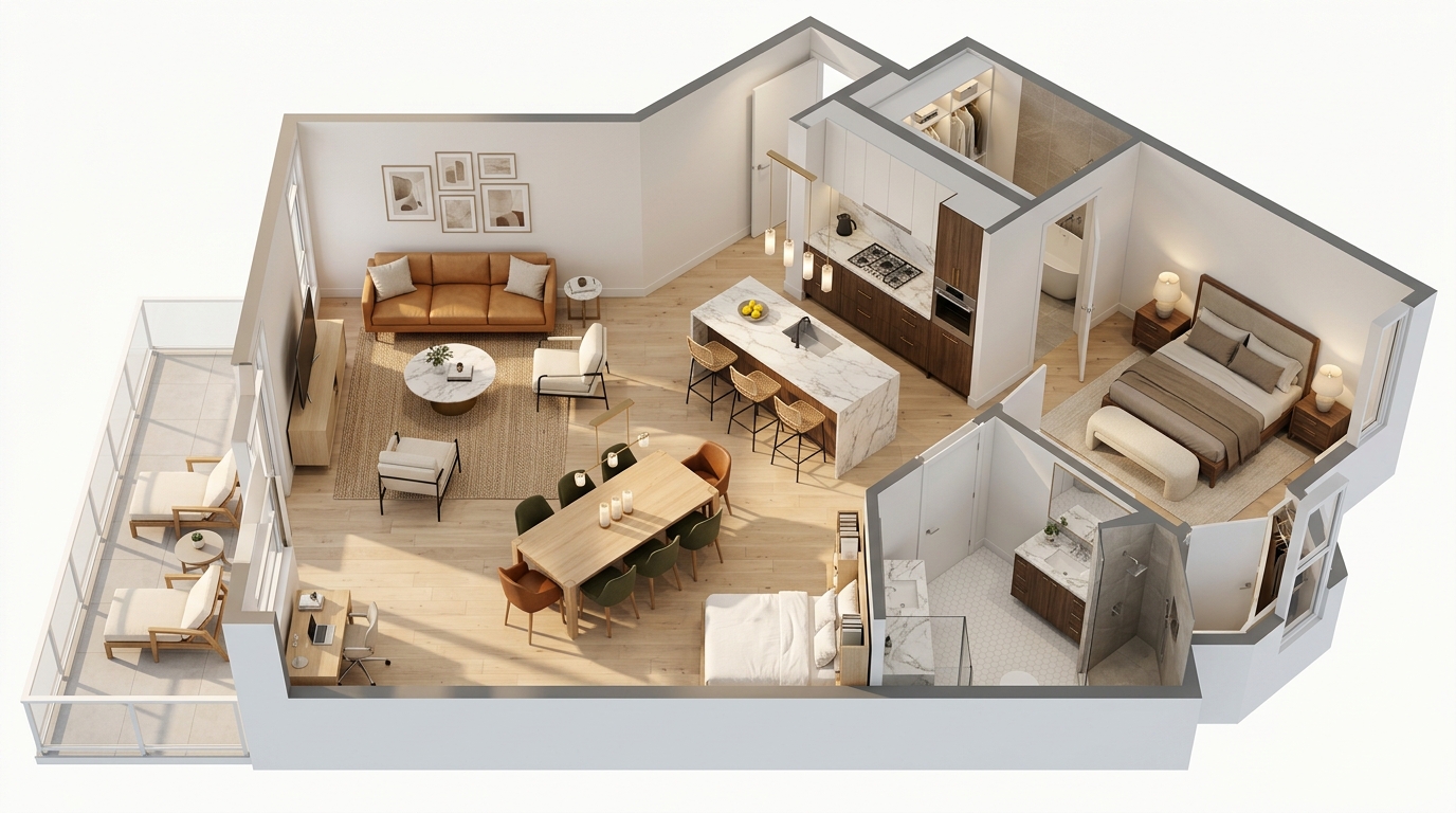Photorealistic isometric 3D floor plan rendering of a luxury two-bedroom condominium with open-concept living and dining area, marble kitchen island, walnut furnishings, master suite with spa bathroom, and furnished balcony, demonstrating Rendimension 3D floor plan visualization quality.