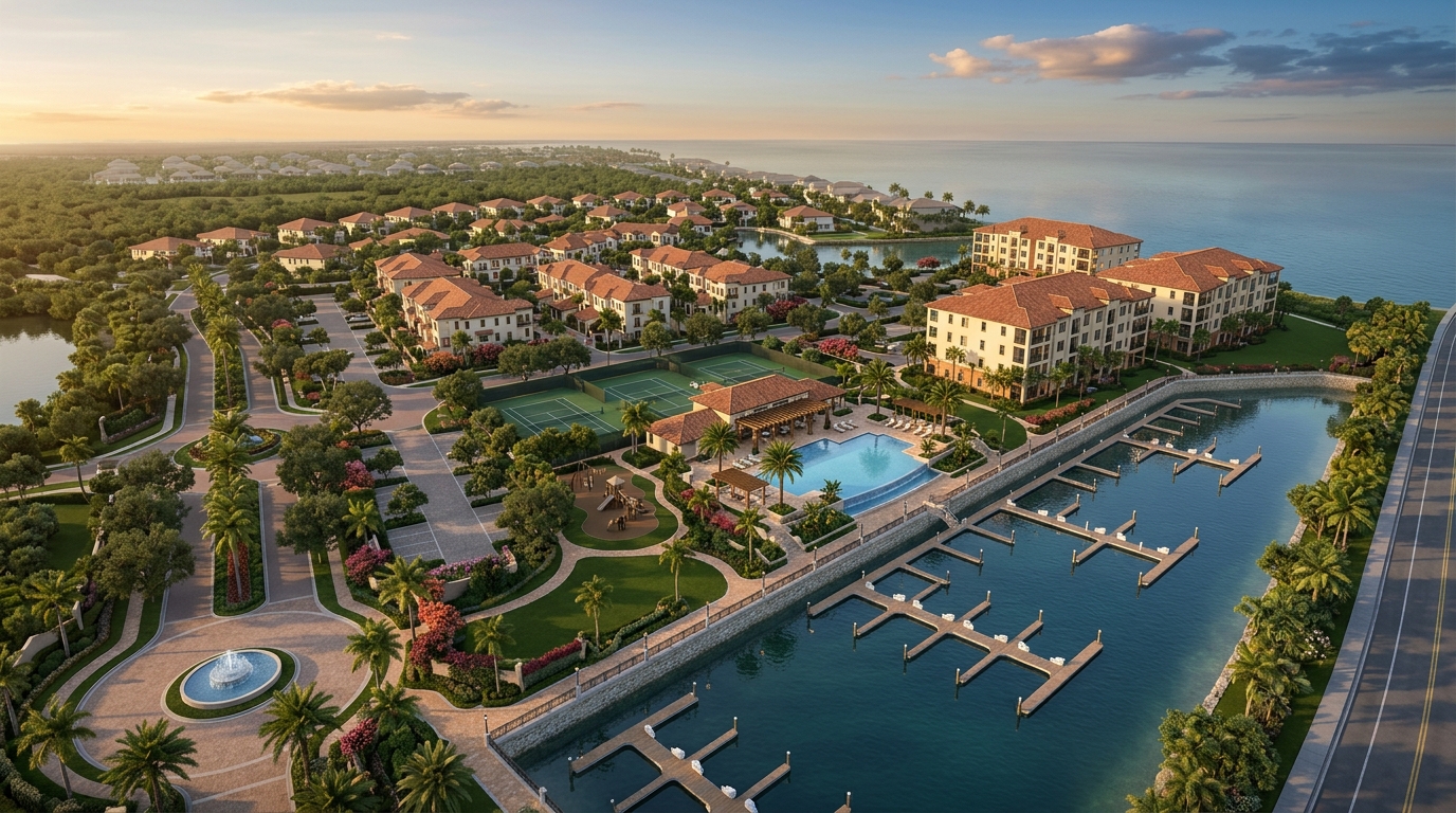 Photorealistic aerial site plan rendering of a luxury coastal residential community with marina, resort pool, tennis courts, Mediterranean townhomes, and mature subtropical landscaping at golden hour, demonstrating Rendimension site plan visualization quality.