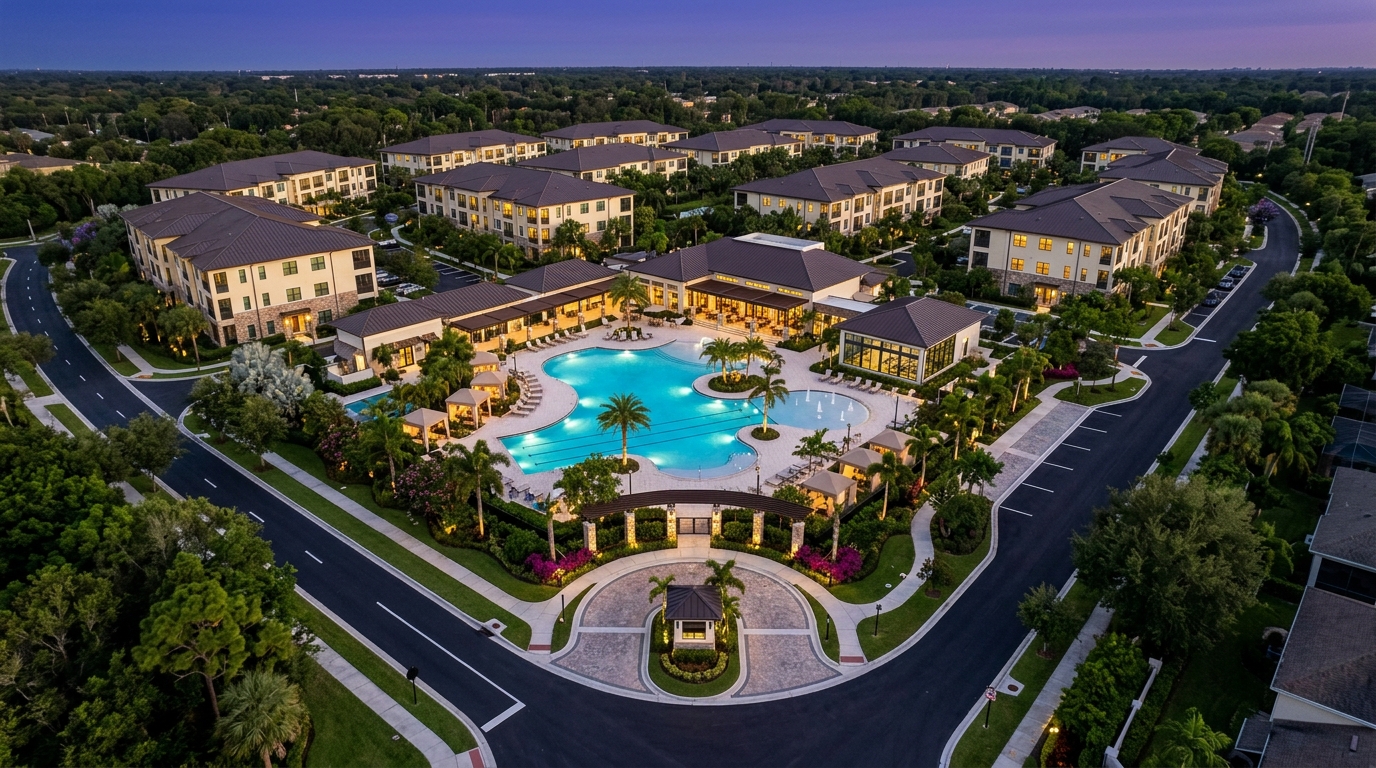 Photorealistic three-quarter aerial site plan rendering of a luxury resort-style residential community at dusk, showing a central clubhouse with freeform turquoise pool, cabanas, residential building clusters with warm interior lighting, curving streets with mature subtropical landscaping, and entry boulevard, demonstrating Rendimension site plan rendering quality for master-planned developments.