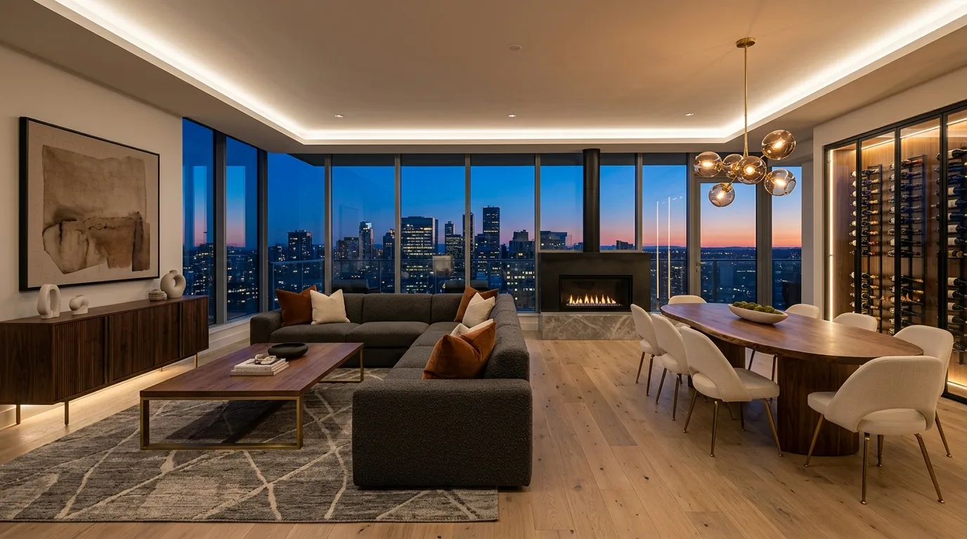 Photorealistic interior rendering of a luxury penthouse living area with open-concept layout and expansive views, representing the kind of space Rendimension builds into immersive virtual reality walkthroughs before construction.