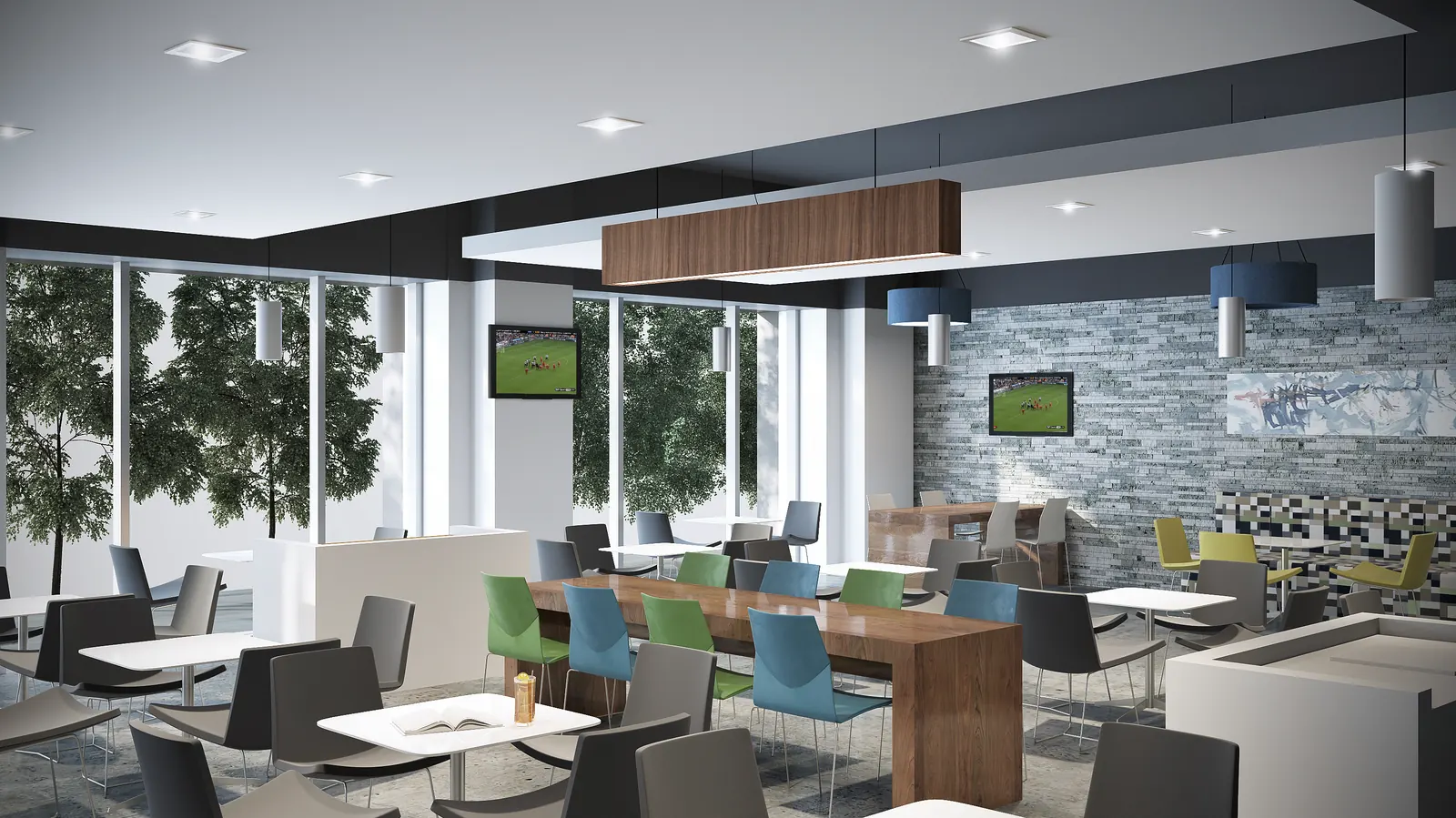 Amenity lounge interior 3D rendering with lounge seating and warm lighting