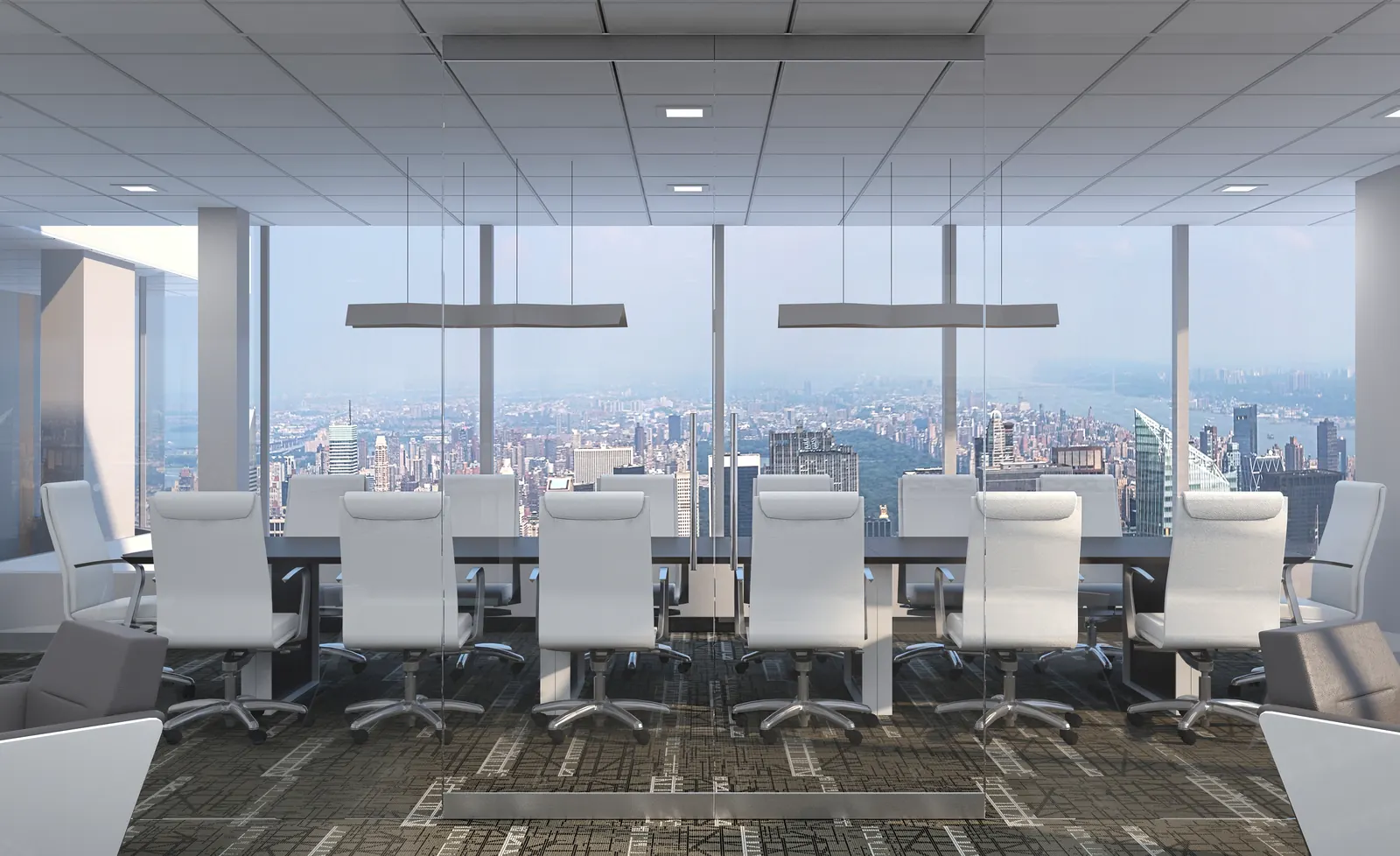 Boardroom interior rendering with a long conference table and skyline views