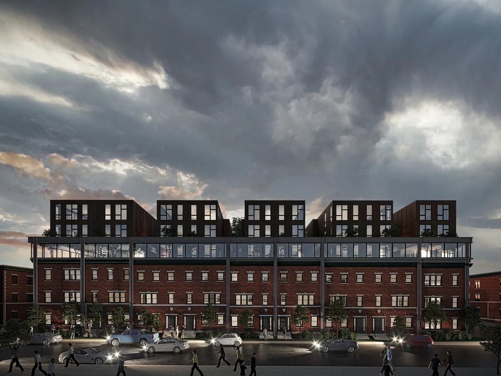 Brick mixed-use building exterior rendering at night with lit storefronts