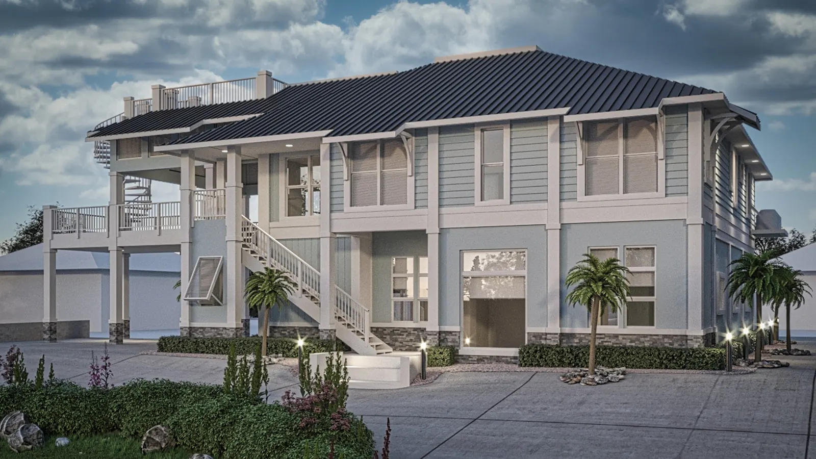 Elevated coastal home exterior rendering with raised living level and porches