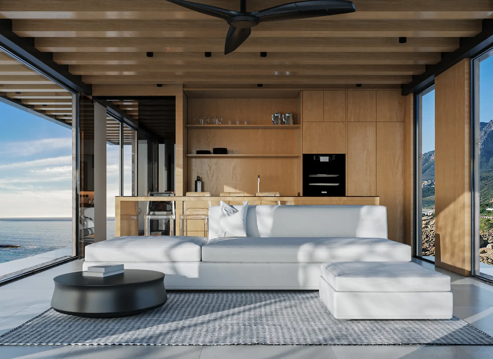 Coastal style kitchen and living room interior rendering in light tones