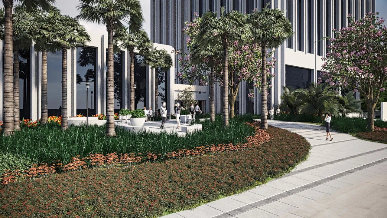 Commercial plaza exterior rendering with landscaped walkways and trees