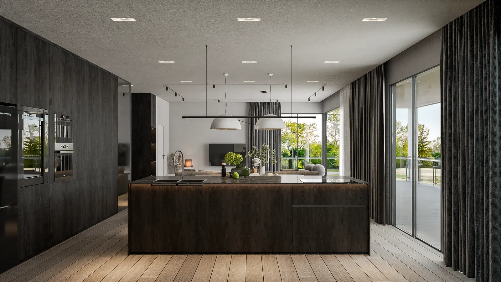 Kitchen interior rendering with dark wood cabinetry and an island