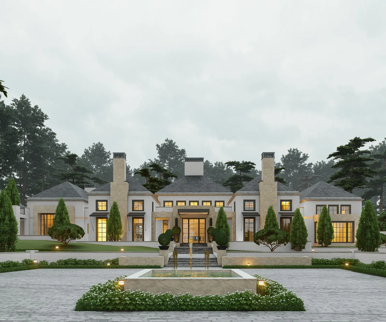 French style estate exterior rendering with formal landscaping