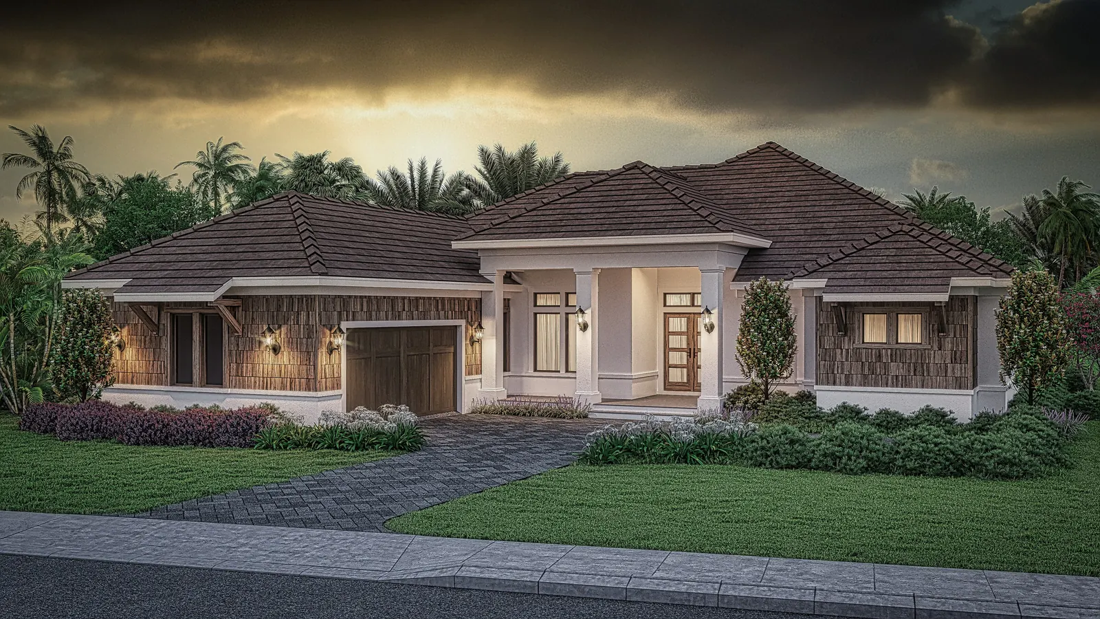 Mediterranean single-story home exterior rendering with tile roof
