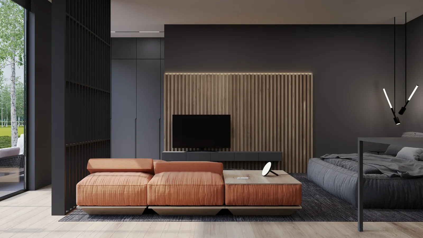 Modern living room interior rendering with dark finishes and large windows