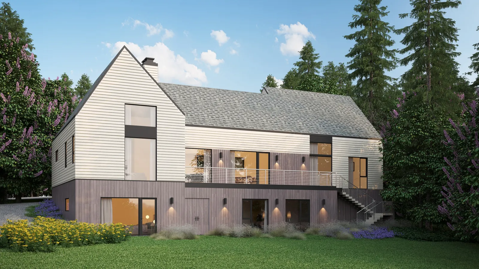 Modern gable roof home exterior 3D rendering